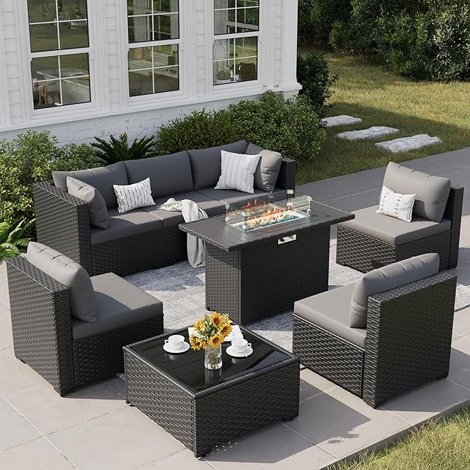 8 Piece Patio Furniture Set with 43" Fire Pit Table, Outdoor Sectional Wicker Rattan Sofa Set with Coffee Table (Grey/Black)