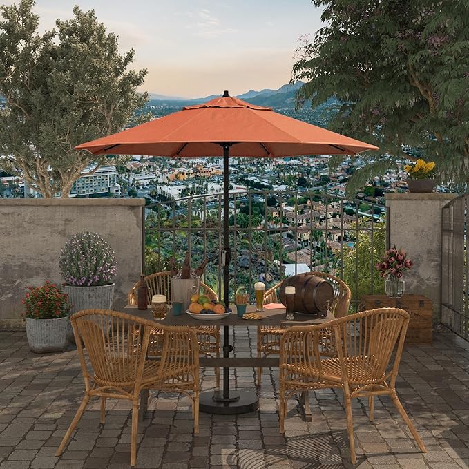 California Umbrella 7.5' Rd Aluminum Patio Umbrella, Crank Lift, Auto Tilt, Black Finish, Sunset