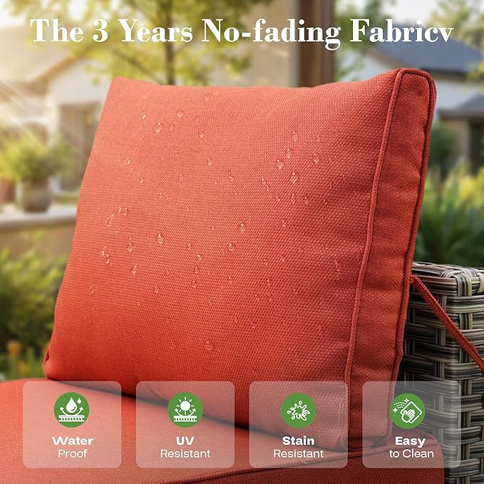 6 Pcs Patio Furniture with Fire Pit Table, Outdoor Rattan Wicker Conversation Set with Glowing Coffee Table, Comfy Sectional Sofa for Porch Balcony Backyard Pool, Orange