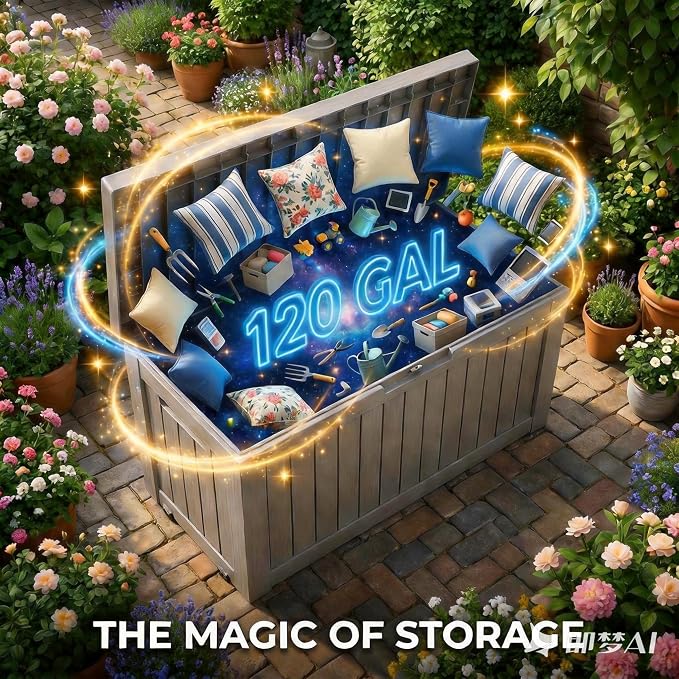 LAUSAINT HOME 120 Gallon Outdoor Deck Box, Waterproof Resin Storage Box with Lock, Patio Cushion Storage, Garden Tool Organizer, Pool Storage Container, Outdoor Storage Bench, Light Brown