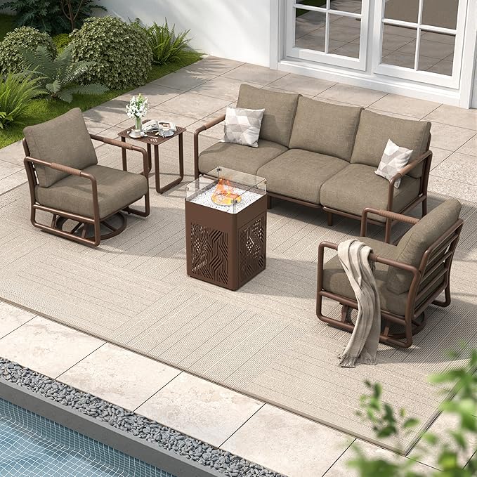 MBY Outdoor Aluminum Patio Furniture Set, 5-Seats Patio Conversation Sofa Set with 2 Swivel Rocking Chairs and 45,000 BTU Fire Pit Table w/Glass Wind Guard, All Weather for Balcony, Garden-Brown