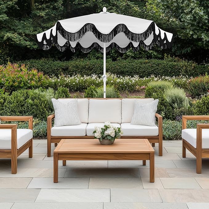 JONATHAN Y UMB1001 Collins 9 ft. Classic Cottage Tassel Market Patio Umbrella with Auto-Tilt, Crank, Wind Vent and UV Protection