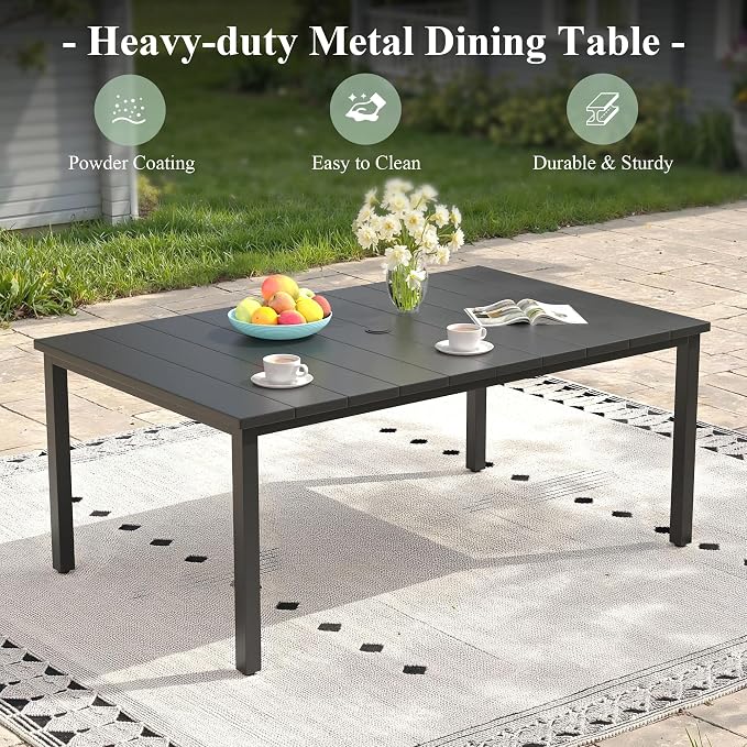 Patio Table and Chairs Set for 6, Outdoor Dining Set with 6 Stackable Dining Chairs and 63"x 37.8" Metal Steel Rectangle Dining Table for Backyard, Deck, Lawn, Garden, Grey & Black