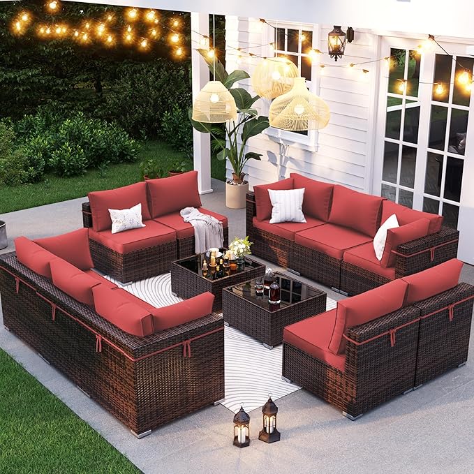Patio Furniture Set, 12-Piece Outdoor Sectional with Waterproof Cover, All-Weather Wicker Patio Conversation Sets for Backyard (Brown with Red Cushion)