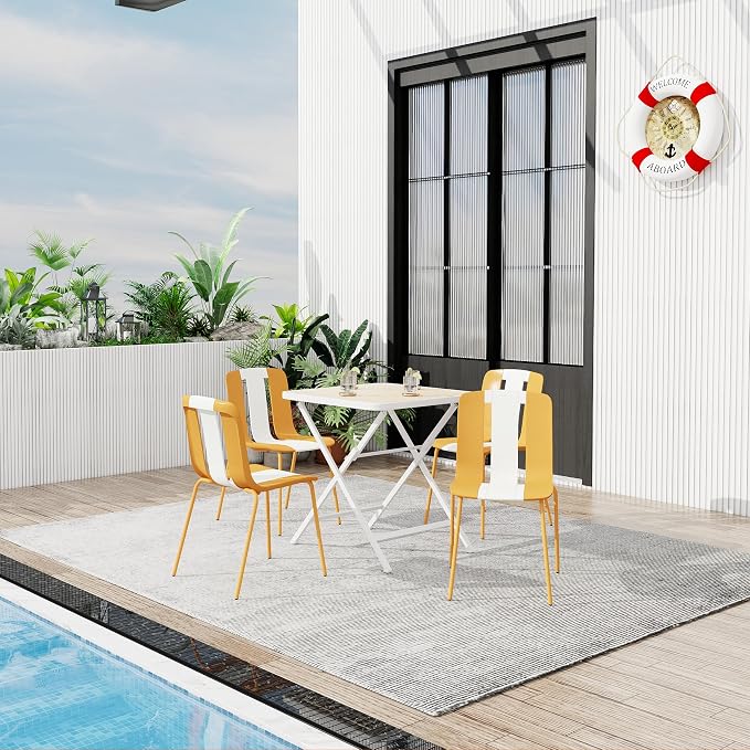 LUMISOL 5 Piece Outdoor Dining Table Set, All Weather Square Table and Chairs Set with Striped Color Block Chairs and Sturdy Metal Legs for Garden, Backyard, Poolside, Beige+Orange+White