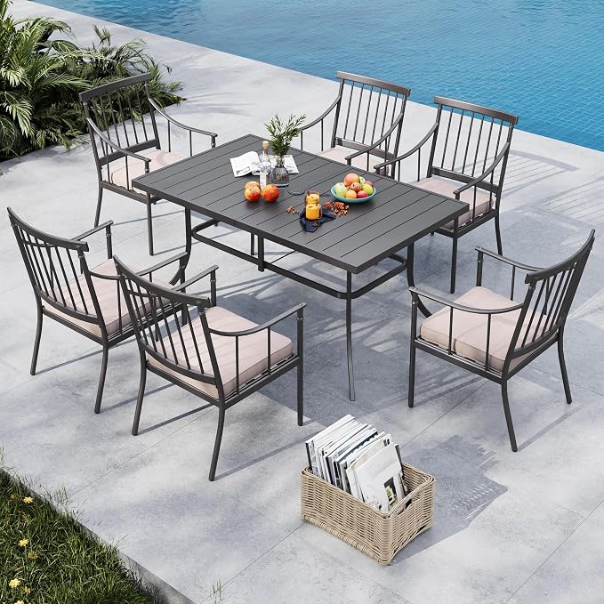 MFSTUDIO 7-Piece Patio Dining Set, Metal Chairs, 59" Metal Table | Umbrella Hole, Seats 6