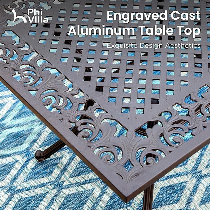 PHI VILLA 7 Pieces Outdoor Cast Aluminium Dining Set for 6, 63" Long Table with Umbrella Hole & Heavy-Duty Chairs with Cushions, Large Outside Furniture Set for Patio, Deck, Porch, Backyard - Brown
