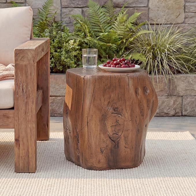 GDFStudio Realistic Tree Stump Side Table, Lightweight Concrete End Table for Indoor & Outdoor, Rustic Wood-Look Stool, Multi-Purpose Plant Stand, Weather-Resistant Accent Table, Dark Brown+Wood