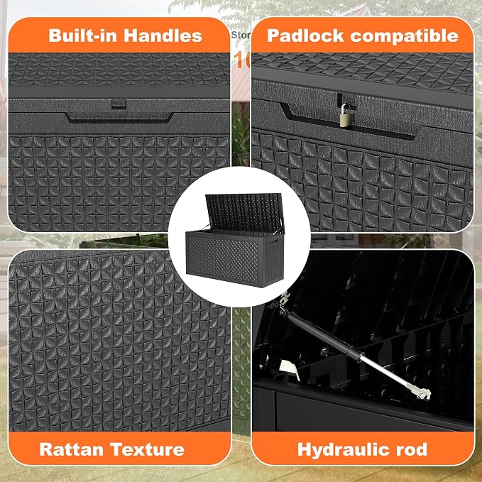 PatioZen 110 Gallon Deck Box Outdoor, Weatherproof Resin Patio Storage Box, Waterproof Outdoor Storage Boxes with Lid Lockable for Cushions, Garden Tools,Black