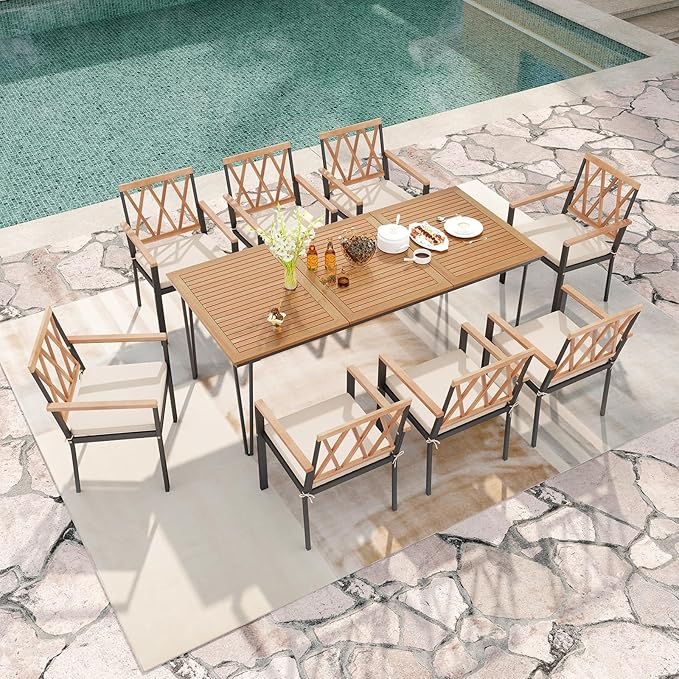 Tangkula 9 Piece Patio Dining Set, Outdoor Rectangular Dining Table w/Acacia Wood Top & Umbrella Hole, Metal Frame Dining Table & Chairs Set w/Removable Seat Cushions for Yard, Porch, Garden, Deck