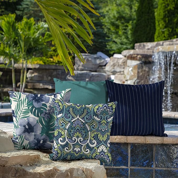 Arden Outdoor Toss Pillow, 2 Pack, 16 x 16, Rain-Proof, Fade Resistant Sapphire Aurora Blue Damask