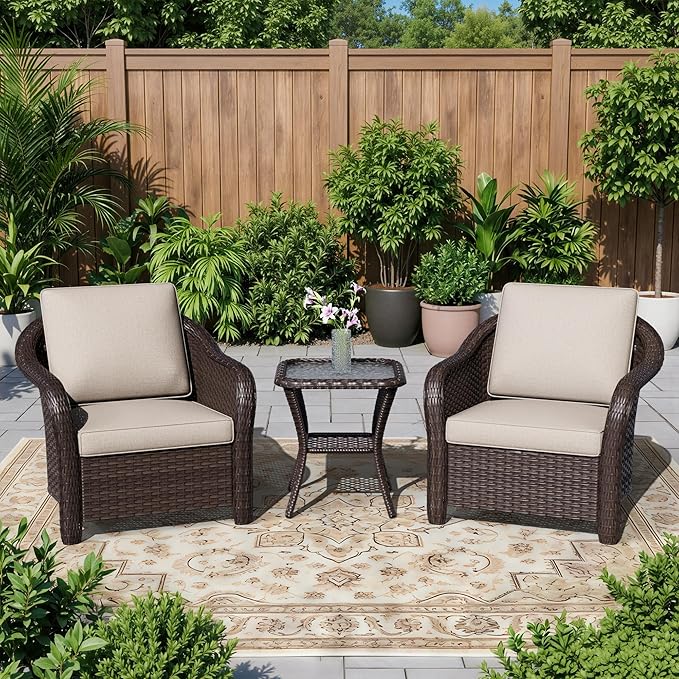 3 Piece Patio Wicker Bistro Set, 2 All-Weather Use Outdoor Wicker Chairs with PE Rattan Side Table,Ideal for Porch, Backyard, Balcony, Poolside, Beige