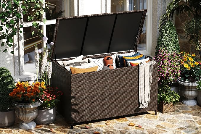 185 Gallon Outdoor Deck Box with Wheels, Waterproof PE Wicker Rattan & Aluminum Frame Storage Bin for Patio Cushions, Garden Tools, Pool Toys, Lockable Patio Furniture(Brown)
