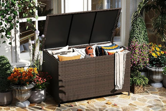 185 Gallon Outdoor Deck Box with Wheels, Waterproof PE Wicker Rattan & Aluminum Frame Storage Bin for Patio Cushions, Garden Tools, Pool Toys, Lockable Patio Furniture(Gray)