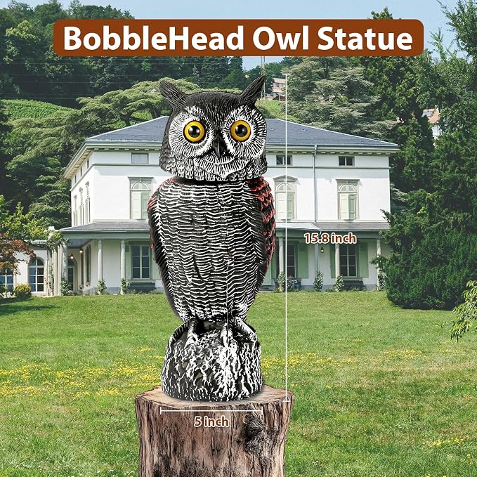 Fake Owl Decoys to Scare Birds Away-15.8 Inch, Rotating Head Sculptures, Nature Enemy Scarecrow Plastic Owl Statues, Bird Control and Pigeon Deterrent Outdoor for Outside, Patio, Yard
