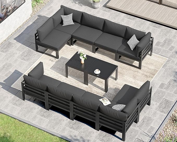 NICESOUL 12 Piece Extra Large Aluminum Outdoor Furniture Set, Rust-Proof Luxury Patio Sectional with Coffee Table, 500lbs Sturdy Comfortable Couch Sofa Conversations for Outside Garden, Dark Gray