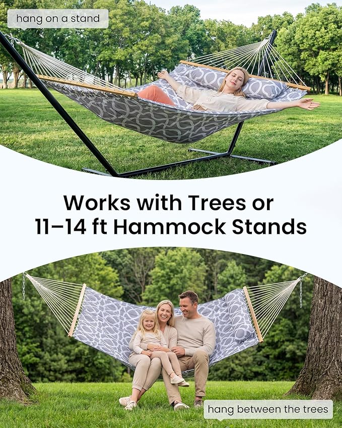 Double Hammock with Spreader Bar & Pillow, 2-Person Portable Hammock, 500lbs Capacity for Outdoor Camping, Patio, Backyard, Garden, Beach & Travel Relaxation – White Gray