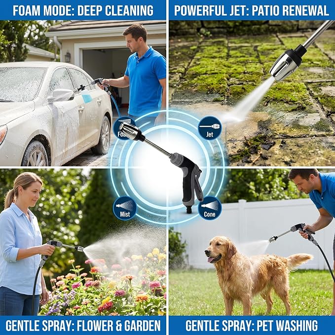 Aquoxis Pressure Washer - 360° Rotating Nozzle, 3 Spray Modes, Stainless Steel Universal Hose Fit, Multi-Function Handheld Sprayer for Lawn, Garden, Car Wash, Patio Cleaning, Tool-Free Installation ﻿