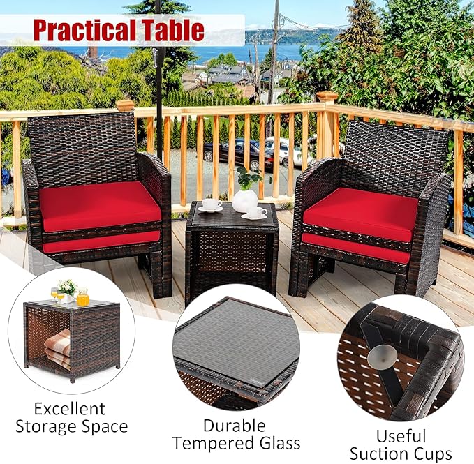 COSTWAY 5PCS Patio Rattan Wicker Furniture Set, Coversation Set with Side Table, Outdoor Cushioned Chairs with Ottomans for Backyard Deck, Red