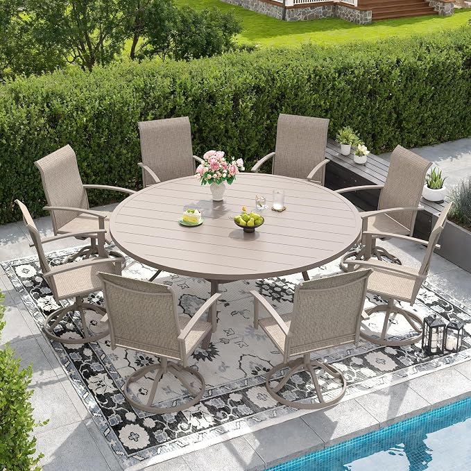 DIFY 63" Round Outdoor Patio Dining Table for 8-10, Metal Patio Table with 1.57" Adjustable Umbrella Hole, All-Weather Outdoor Furniture Table for Garden Backyard Deck, Sandshell