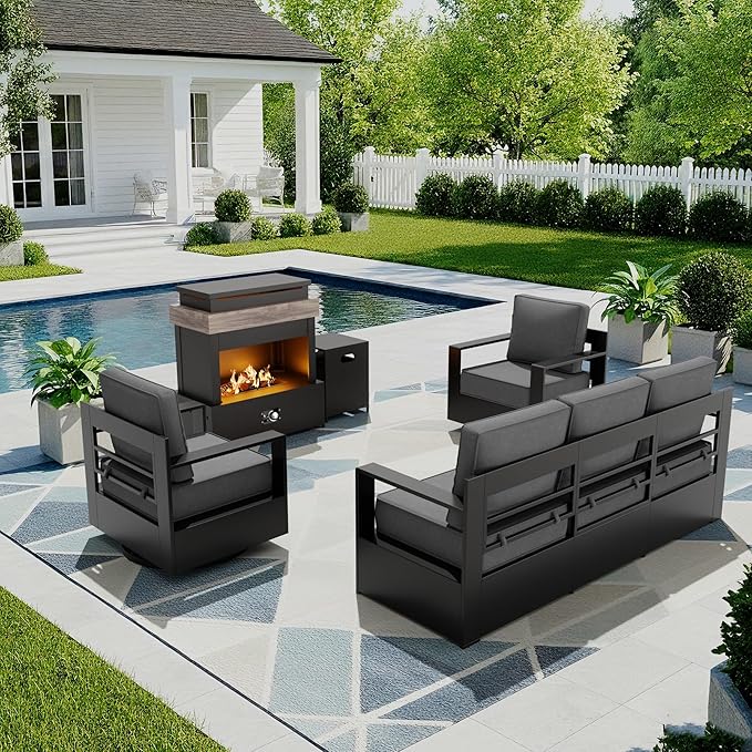 Outdoor Patio Furniture Set, 4-Piece Aluminum Patio Conversation Set All-Weather Metal Outdoor Sectional with 6 Inch Thick Cushions, Deep Setting and Fireplace for Garden, Outside and Porch, Grey