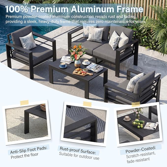 Aluminum Patio Furniture Set, 4 PCS Metal Oversized Outdoor Furniture Set Washable Thick Cushions, 4 Seat Patio Conversation Set with 3.54” Wide armrest and Coffee Table for Patio, Garden