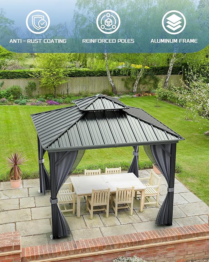 12'X12' Hardtop Gazebo, Galvanized Steel Aluminum Frame with Double Roof, Heavy-Duty Outdoor Patio Gazebo with Curtains & Netting for Backyard, Deck, Porch, Garden, Lawn, Grey