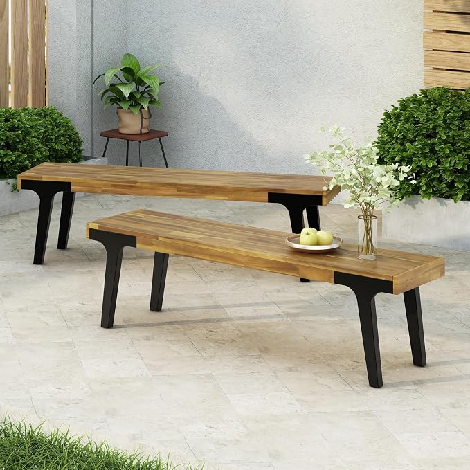 69'' Outdoor Patio Dining Table & 2 Bench for 4, Acacia Wood Farmhouse Dining Table Set Outdoor & Indoor Furniture for Patio Porch Garden, 3-Pcs, Light Teak