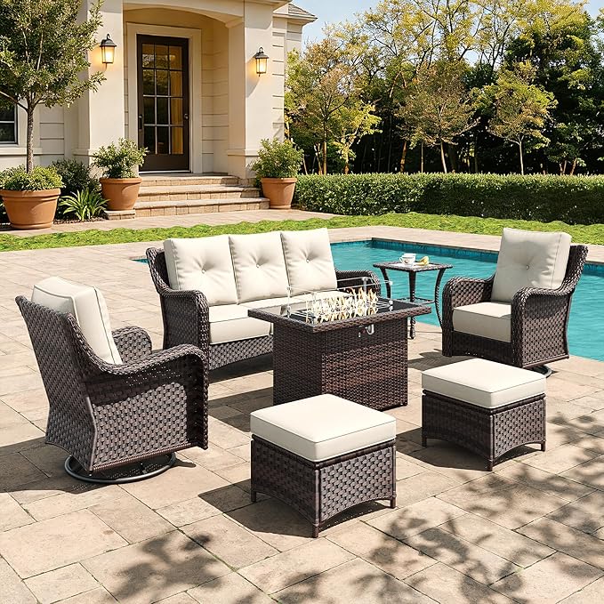 7 Pieces Outdoor Furniture Set with 6-inch Cushions, High Back Wicker Swivel Rocker Chairs with Fire Pit Table, Luxury Conversation Set for Deck Patio and Poolside