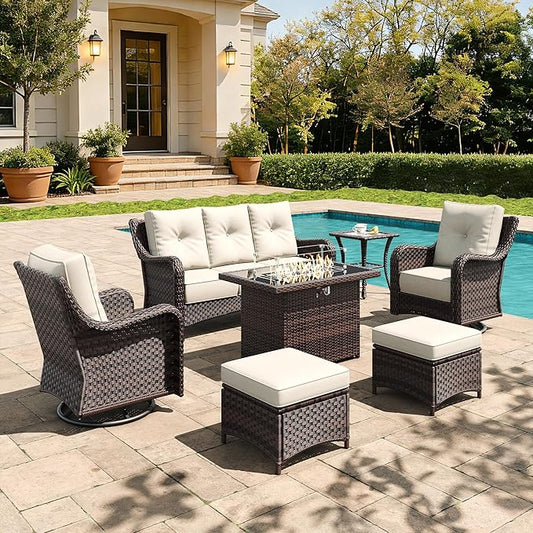 7 Pieces Outdoor Furniture Set with 6-inch Cushions, High Back Wicker Swivel Rocker Chairs with Fire Pit Table, Luxury Conversation Set for Deck Patio and Poolside