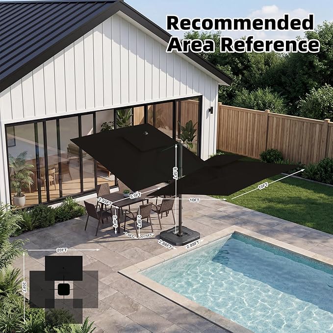10x10 FT Cantilever Patio Umbrella with Base Included Double Top Outdoor Square Large Heavy Duty Aluminum Offset Umbrellas with 7 Level Tilt 360-degree Rotation for Pool Garden Deck,Black