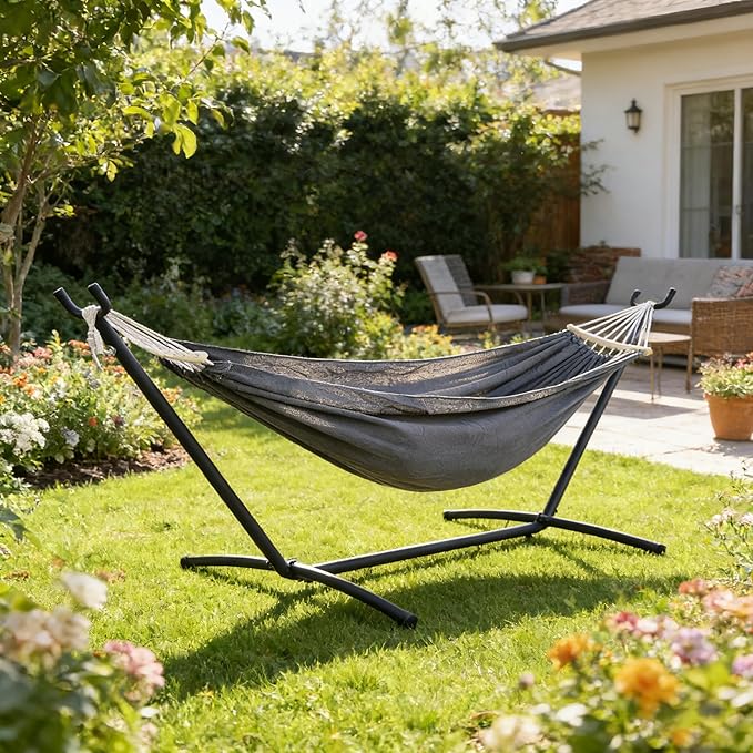 Free Standing Hammock with Stand, 550lbs Capacity - Anti-Flip Curved Spreader Bars - Premium Cotton Portable Hammock for Deck, Porch, Garden - Easy Assembly with Carrying Bag, Heather Gray