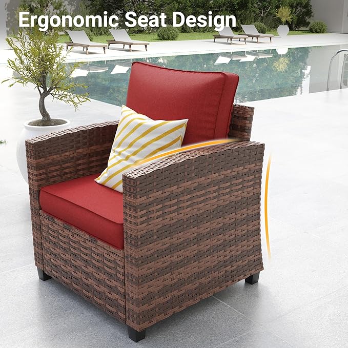 Patio Furniture Set, 5 Pieces Outdoor Sectional Couch with Chairs, Ottomans and Thick Cushions, All Weather Wicker Rattan Patio Conversation Set, Wine Red
