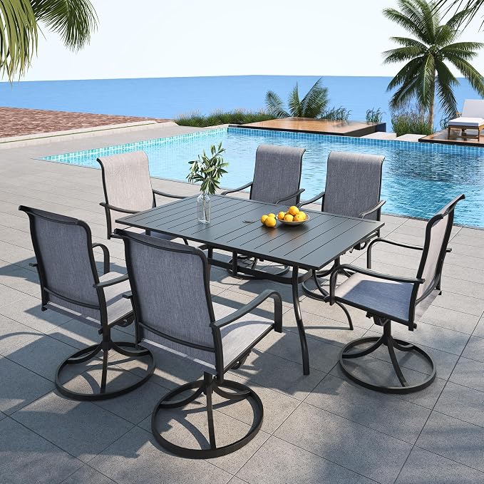 7 Piece Outdoor Dining Set 6 Swivel Chair and 63" Rectangle Table Grey Sty2 | 6 Piece Swivel Chairs: High Back, Curved Armrest, Textilene Fabric, Rocking; 63"x38"x28" Metal Rectangle Table, All Weather