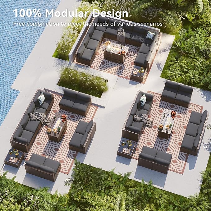 LazySunsets 12 Piece Outdoor Patio Furniture Set with 44'' Fire Pit Table, Outdoor Patio Furniture Sets with Waterproof Cover and 4'' Cushion, Wicker Rattan Outdoor Conversation Set for Backyard, Grey
