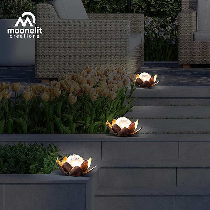 MCSLOTUS-G Gold Lotus Flower Solar LED Garden Light with Crackled Glass Globe – Waterproof Metal Outdoor Décor