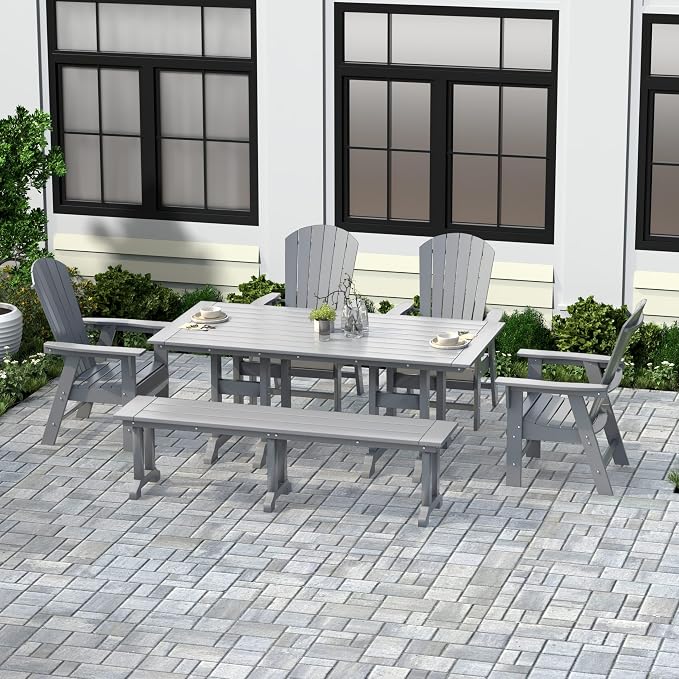 WestinTrends Dylan Adirondack Patio Dining Set for 6, All Weather Poly Lumber Outdoor Table and Chairs Set of 4, 71" Trestle Table and Adirondack Dining Chair with Dining Bench, White