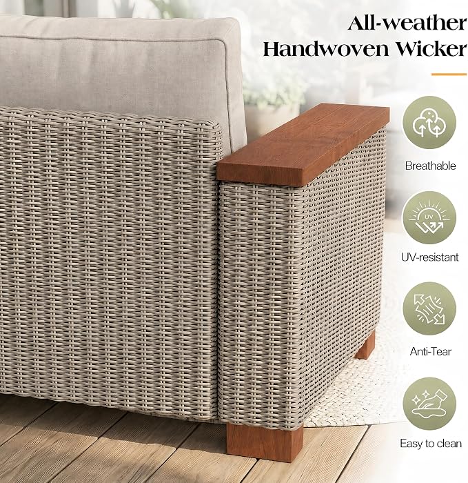 PaPaJet 4-Piece Wicker Patio Furniture Set with Solid Wood Armrest, Outdoor Patio Set with Thick Legs, UV-Resistant Modular Outdoor Sectional Sofa for Backyard, Porch, Garden
