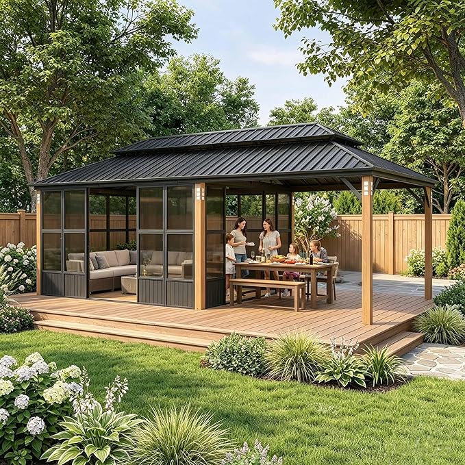 PURPLE LEAF 12' x 24' Hardtop Gazebo Sunroom, Enclosed Patio Solarium with Mesh & Removable PC Panels, Outdoor Magnetic Sliding Doors Living Space for Backyard Lounge, Dining & Spa