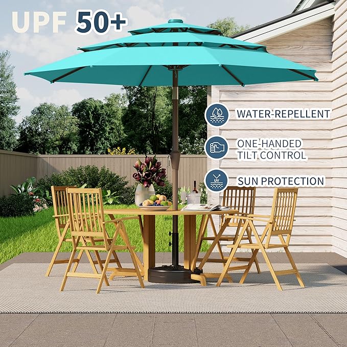9FT 3 Tiers Patio Umbrella With Auto Tilt And Crank, Outdoor Table Market Umbrella with 8 Sturdy Ribs for Garden, Lawn, Deck, Backyard and Pool