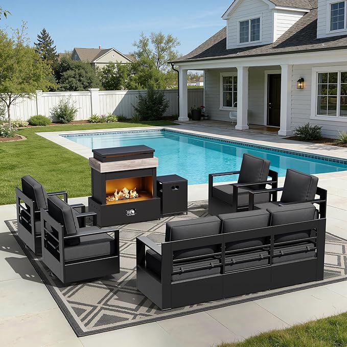 Outdoor Aluminum Furniture Set, 6-Piece Patio Conversation Set, 4 Chairs 1 Sofa and 1 Fireplace, All-Weather Metal Frame, 6" Thick Removable Cushions, Deep Setting for Garden, Poolside and Porch