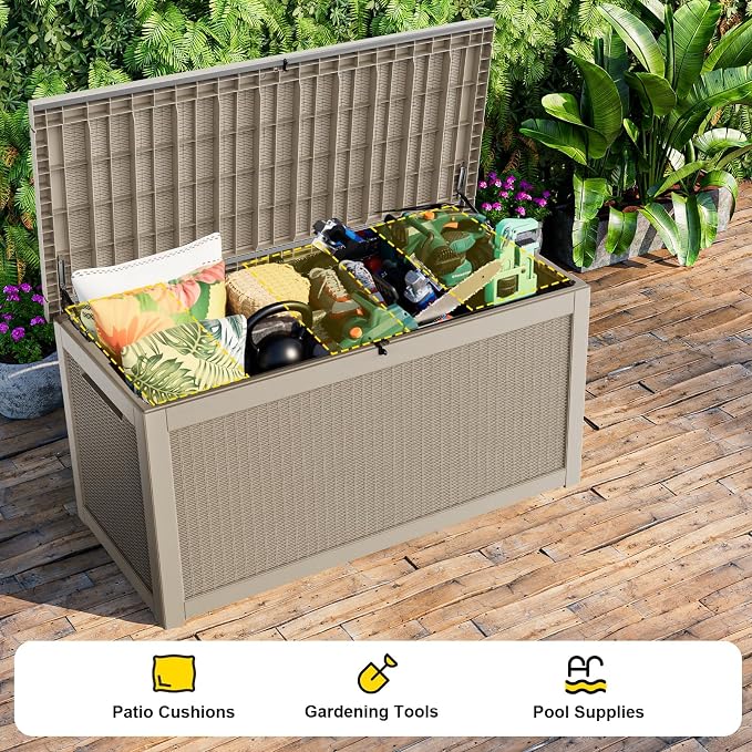 320 Gallon Large Waterproof UV Resistant Deck Box,Lockable Storage Container for Patio Furniture Cushions Garden Tools and Pool Accessories(Gray)