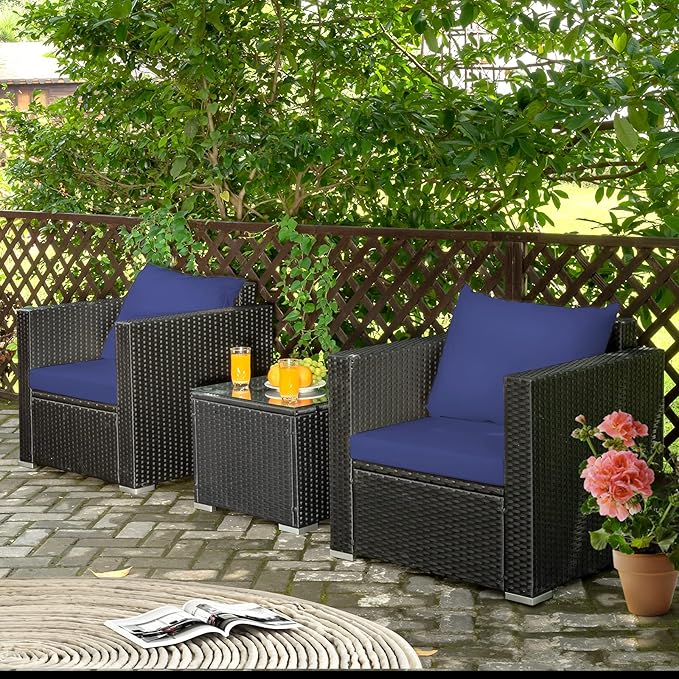 Tangkula 3 Pieces Patio Furniture Set, PE Rattan Wicker Sofa Set w/Washable Cushion and Tempered Glass Tabletop, Outdoor Conversation Furniture for Garden Poolside (Navy Blue)