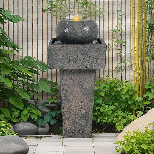 25.59″H Concrete Column Fountain with LED Lights Modern Outdoor Water Feature for Patio Garden Landscape Decor Minimalist Design