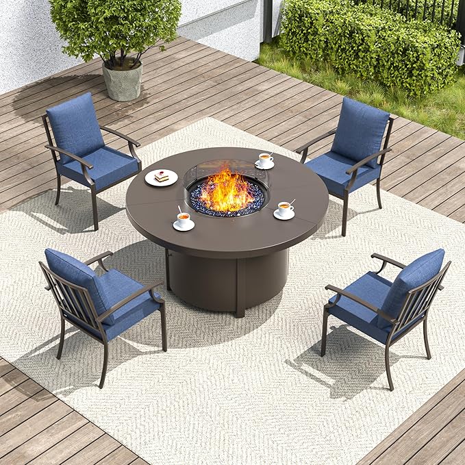 5 Pieces Outdoor Patio Furniture Set with 48" Round Propane Fire Pit Table,Patio Dining Set Outdoor Conversation Sets 4 Chairs for Deck,Backyard and Garden,Dark Blue