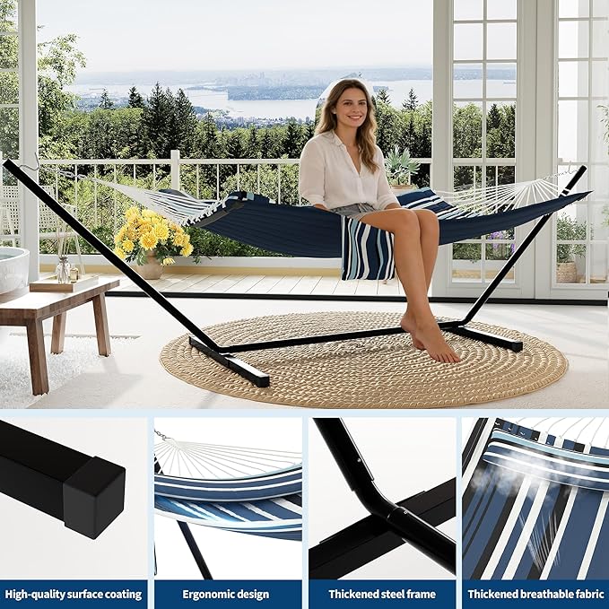 2 Person Double Hammock with Stand & Pillow, 450 LBS Heavy Duty Outdoor Hammock with Balance Rope for Patio Backyard Poolside