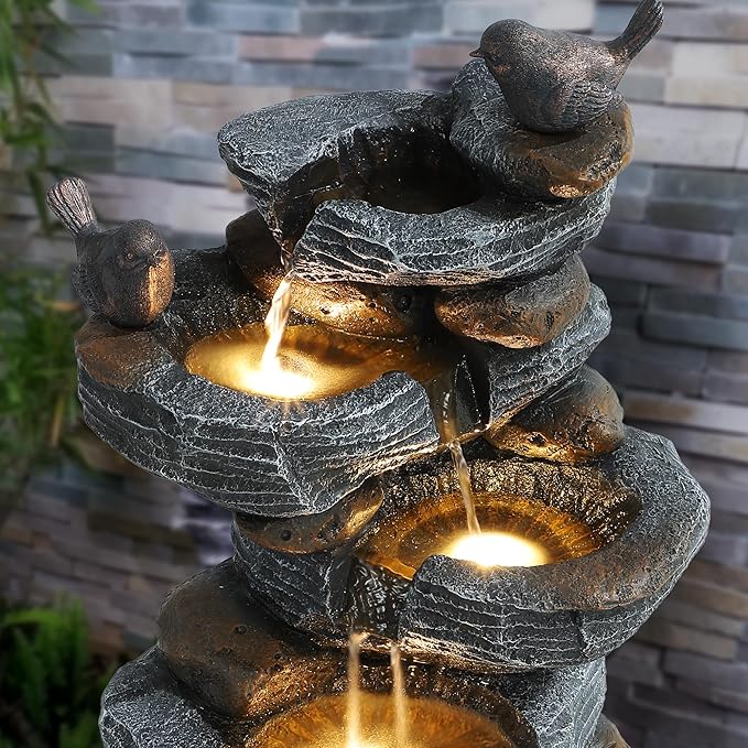 Bird Outdoor Water Fountain, 5 Tiered Waterfall Fountains with LED Lights, Garden Waterfalls Outside, Modern Cascading Rock Fountain for Garden, Yard, Patio, Home Decor