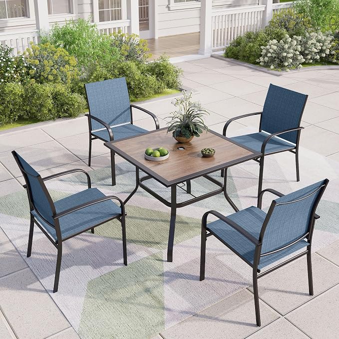 MIXPATIO 5 Pieces Patio Table and Chairs Set, 4 Person Outdoor Dining Furniture Set, 4 Blue Textilene Chairs and 37" Wood-Like Table Top Table with Umbrella Hole, for Deck Backyard Lawn