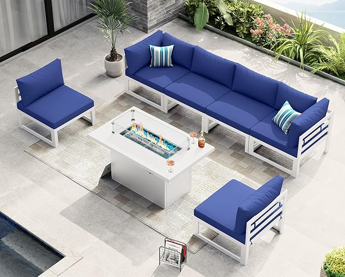 NICESOUL 6 Seat Oversized Modern Aluminum Patio Furniture Set, All Weather Rust Proof Modular Sectional Sofa with Fire Pit Table, 500 lbs Heavy Duty Comfy Outdoor Couch for Garden Backyard, Navy Blue