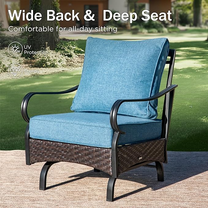 PHI VILLA Outdoor Modern Patio Furniture Set, Upgraded Wicker & Metal Patio Conversation Set with Waterproof Thick Cushions for Porch, Poolside, Yard (4 Pieces,Navy)